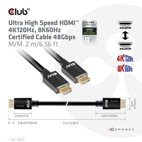 Club 3D ultra højhastigheds HDMI 2.1 certificeret kabel han-han (sort, 2 meter, 4K 120Hz, 8K 60Hz, 48Gbps)