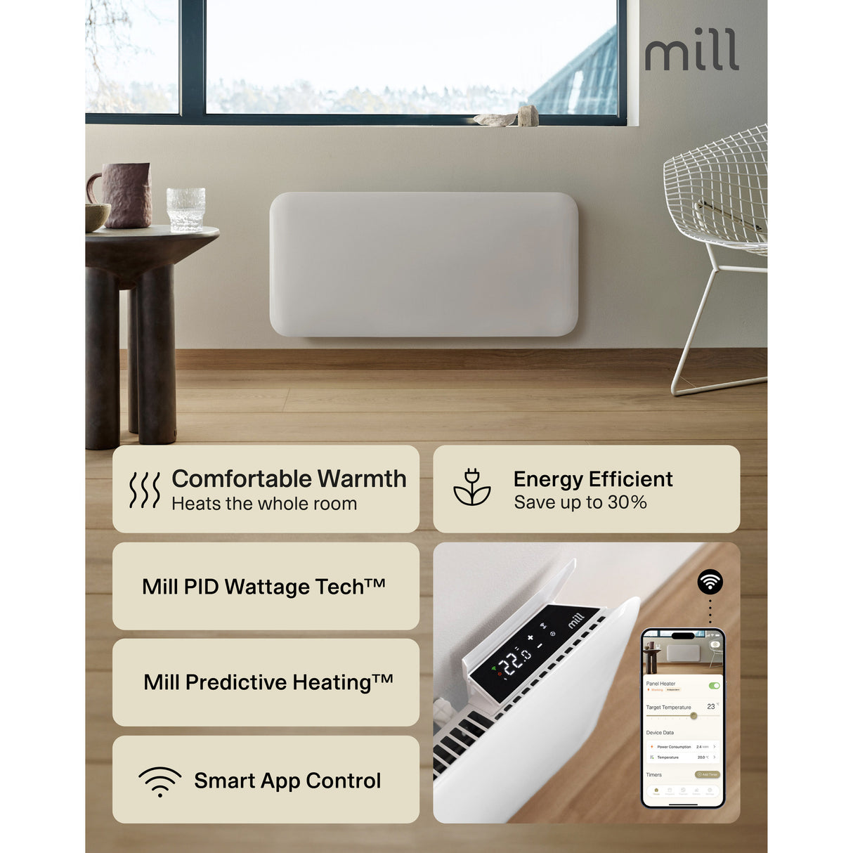 Møllestål wifi panelvarmer pa1300wifi4, 1300 watt konvektor (hvid, wifi 2,4 ghz (wifi 6), bluetooth 5.2, zigbee 3.0 + app)