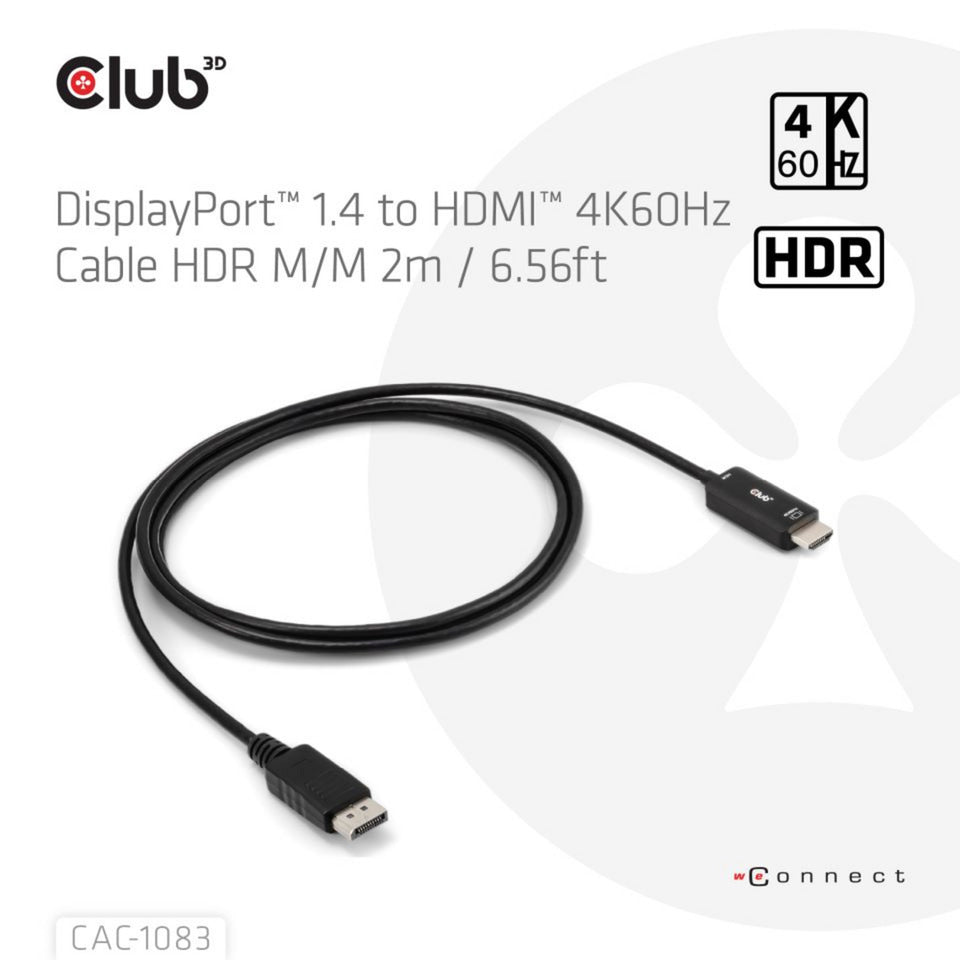 Club 3D DisplayPort 1.4 til HDMI 4K60Hz kabeladapter (sort, HDR M M 2m)