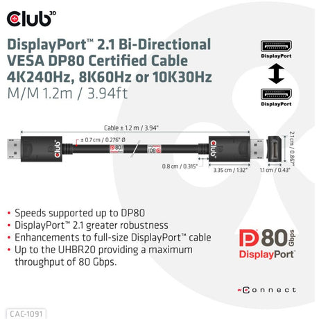 Club 3D DisplayPort 2.1 Vesa DP80 certificeret kabel han-han (sort, 1,2 meter, 4K 240Hz, 8K 60Hz, 80Gbps)