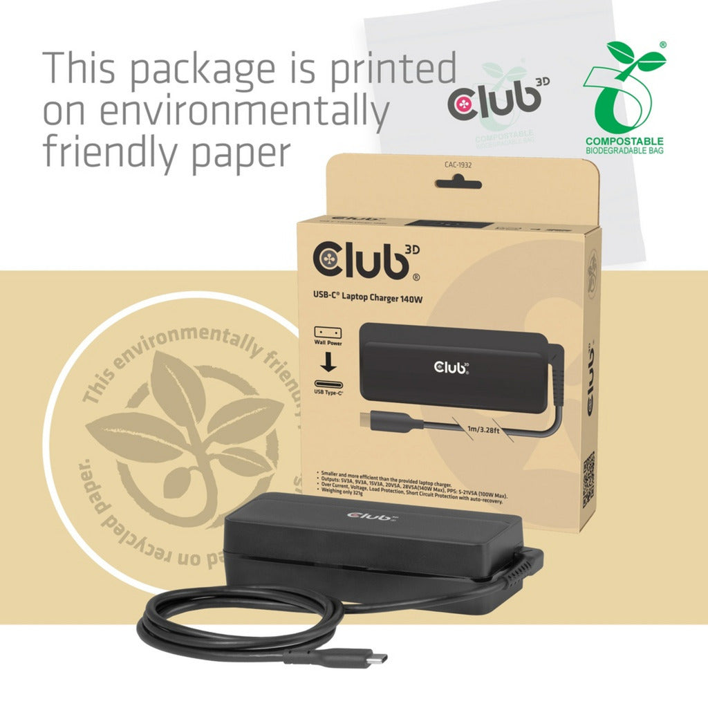 Club 3d usb-c laptop charger 140w, 1 meter (zwart)
