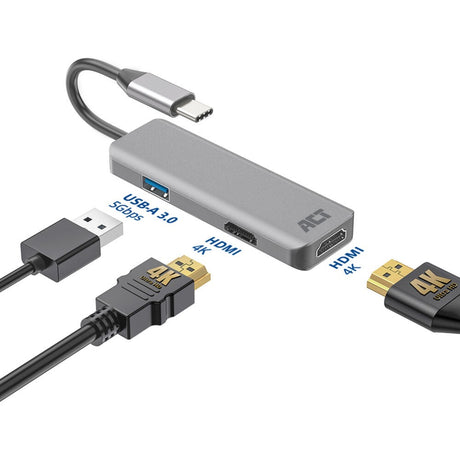 Akt-tilslutning USB-C 4K multiport-adapter til 2 HDMI-skærme, USB-A-dataport (aluminium)