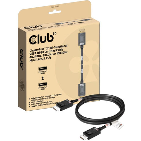 Club 3D DisplayPort 2.1 Vesa DP80 certificeret kabel han-han (sort, 1,6 meter, 8K 240Hz, 10K 60Hz, 80Gbps)