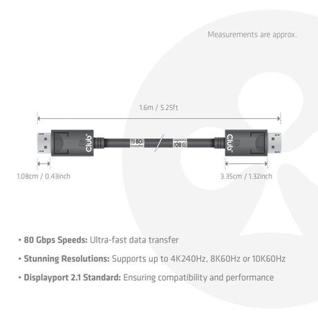 Club 3D DisplayPort 2.1 Vesa DP80 certificeret kabel han-han (sort, 1,6 meter, 8K 240Hz, 10K 60Hz, 80Gbps)