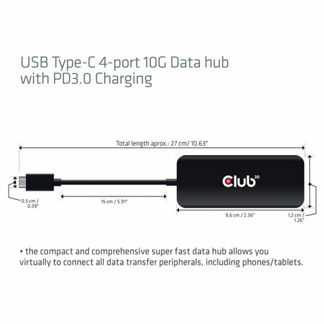 Club 3D USB-C 4-ports 10G datahub med PD3.0 USB-hub (sort)