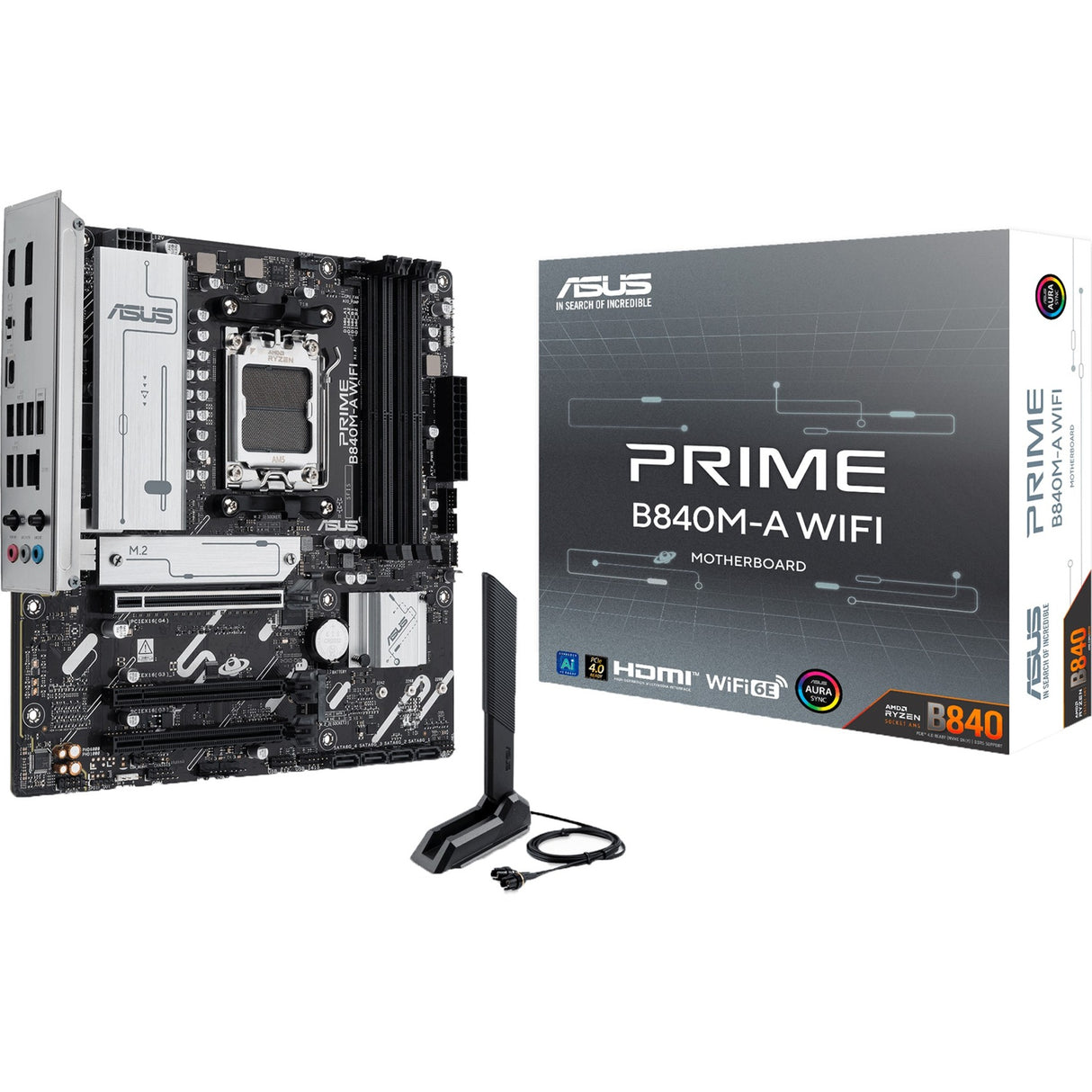 Asus Prime B840m-A Wi-Fi Socket AM5 bundkort (2,5 GB-LAN, Wi-Fi 6e, BT, lyd, µATX)
