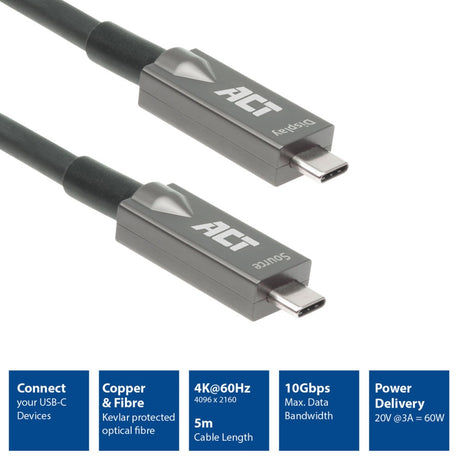 Act tilslutning USB-C 3.2 gen2 aktivt optisk kabel (AOC) tilslutningskabel (grå sort, 5 meter)