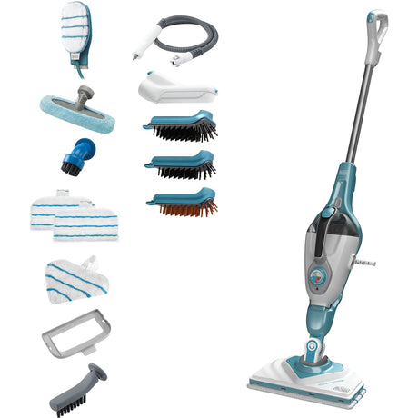 Black+decker bhsm1610dsm 1600w dampmoppe med steammitte, deltafod og 15 tilbehørs damprenser (hvid blå-grå)