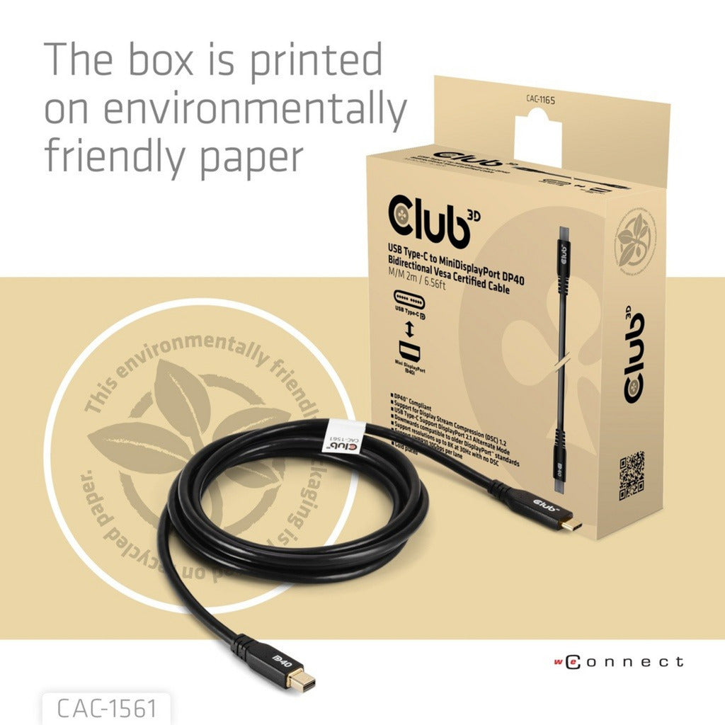 Club 3D USB-C til Mini DisplayPort DP40 tovejsadapter (sort, 2 meter, Vesa-certificeret)