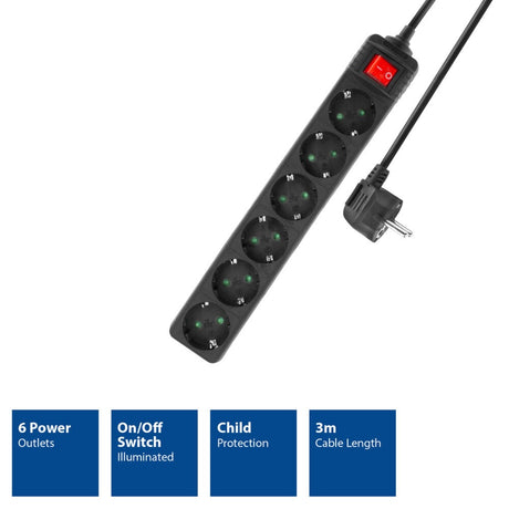 Act strømskinne med lysende kontakt, 6 fatninger, 3 m, sort ac2465