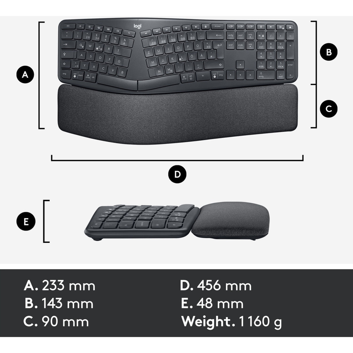 Logitech k860 ergo tastatur (sort, 100%, bluetooth, us international iso)