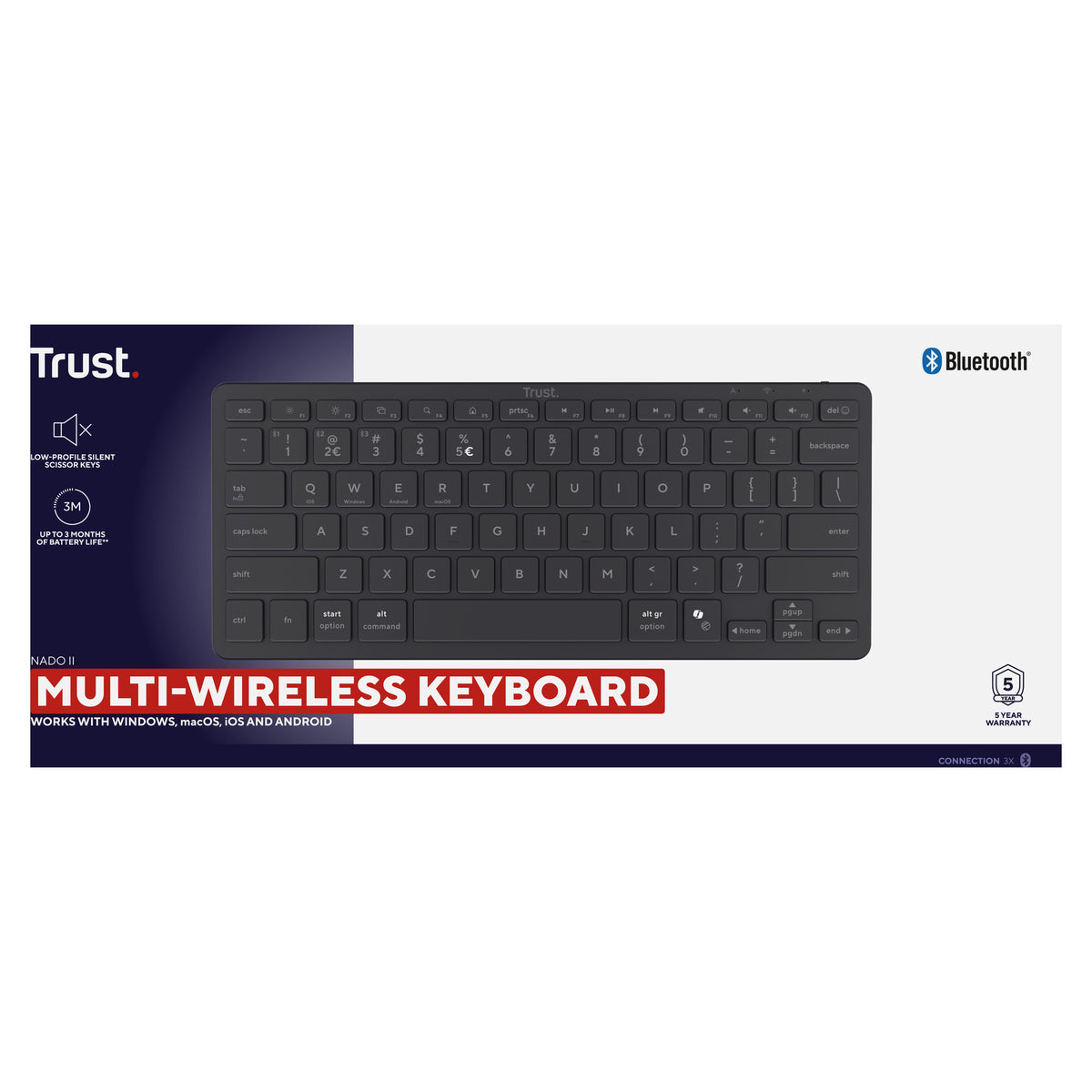 Trust nado ii bluetooth-tastatur (sort, us-layout (qwerty), saksekontakter, 80% (tkl), bluetooth)
