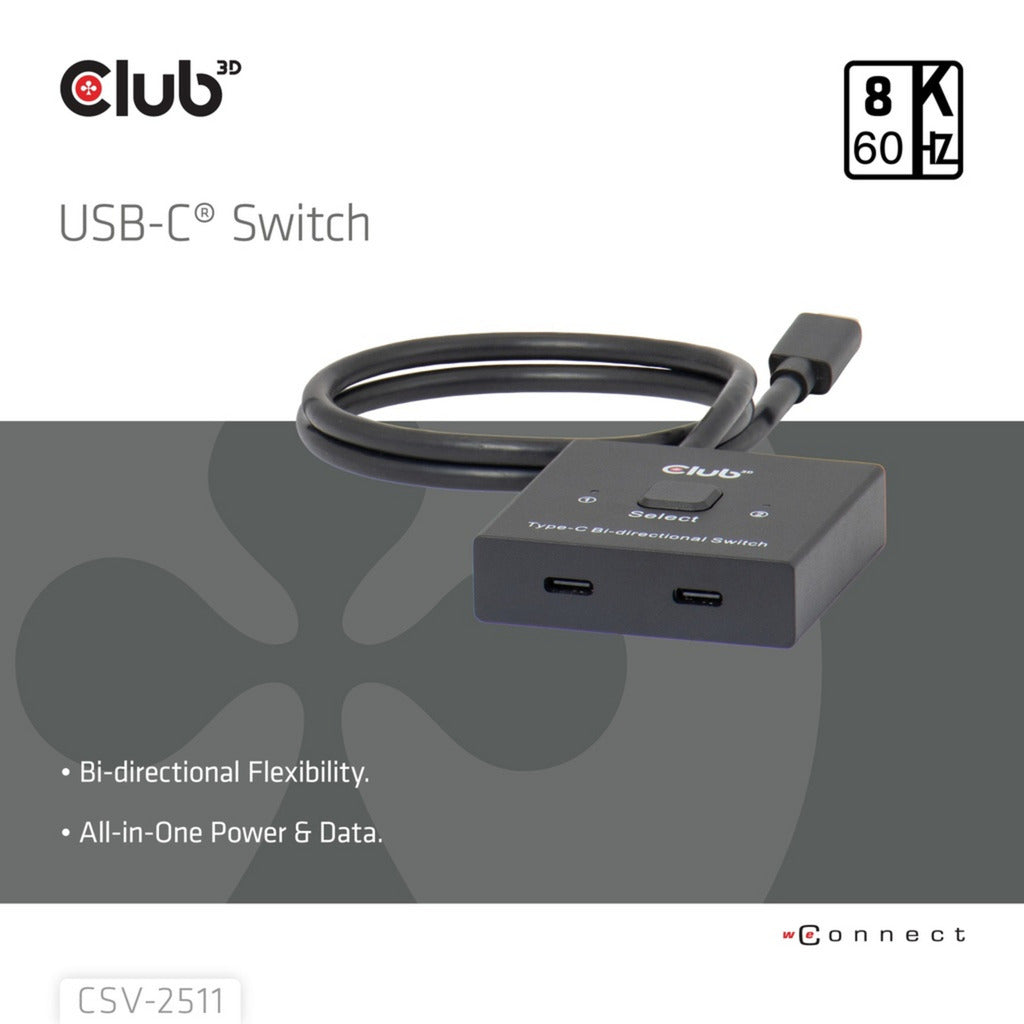 Club 3D USB-C tovejs video + data + PD switch USB switch (sort)