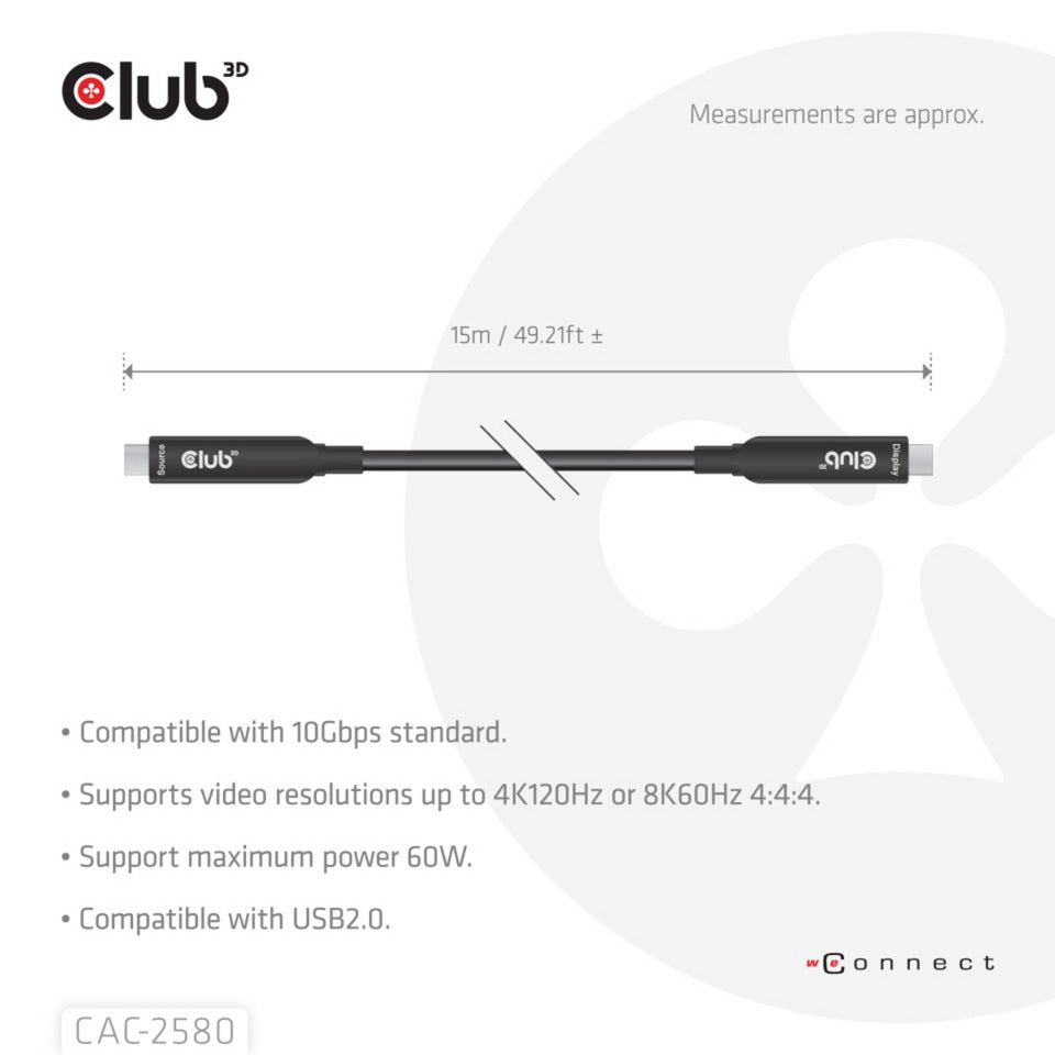 Club 3D fuldfunktions USB-C-kabel, 15m (sort, 8k60hz 10gbps 60w)