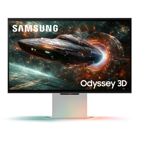 Samsung Odyssey 3D G90XF 27 4K UHD-gamingskærm (sølv, 2x HDMI, DisplayPort, 2x USB-A, USB-B, 165 Hz)