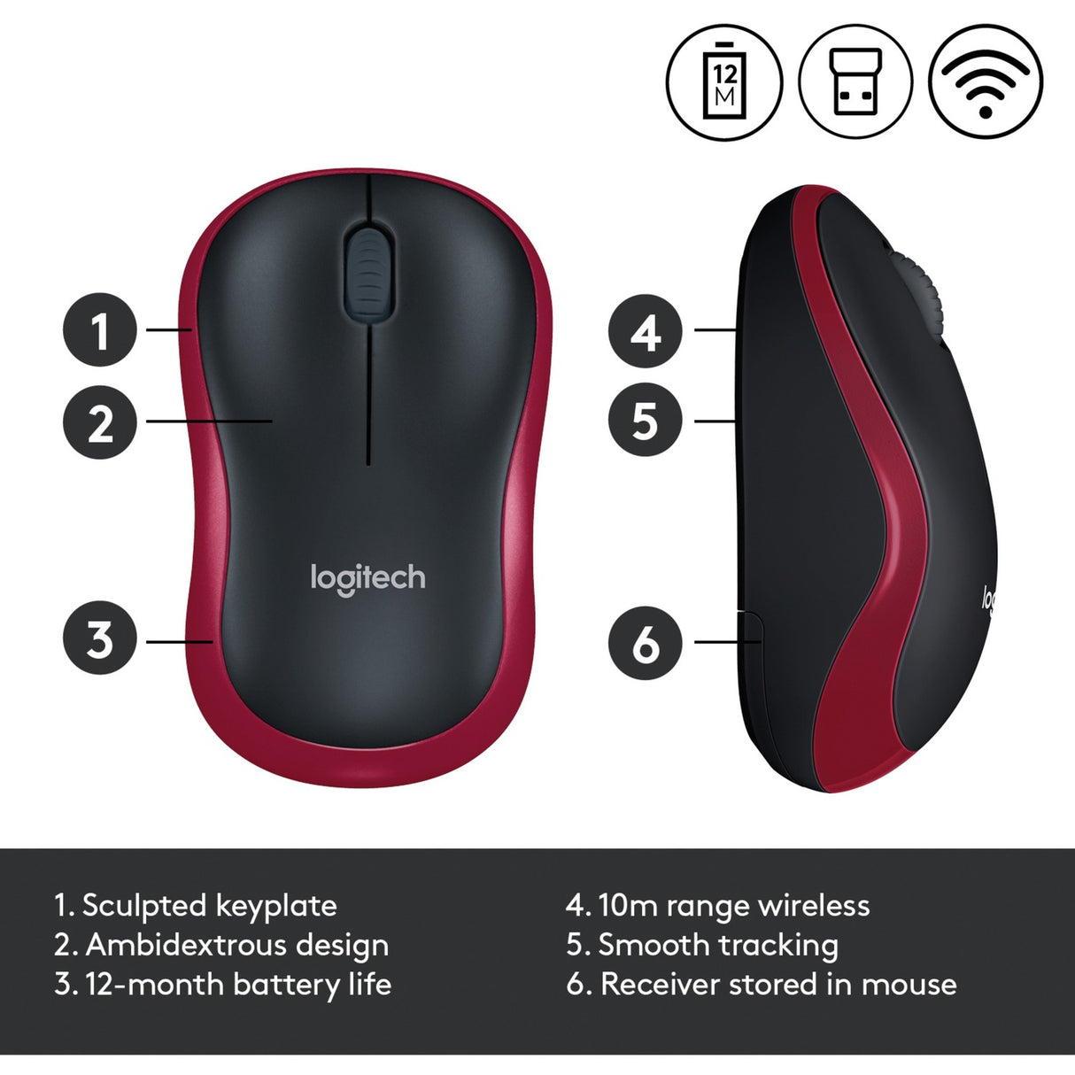 Logitech trådløs mus m185 (rød, detail)