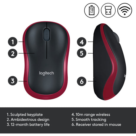 Logitech trådløs mus m185 (rød, detail)