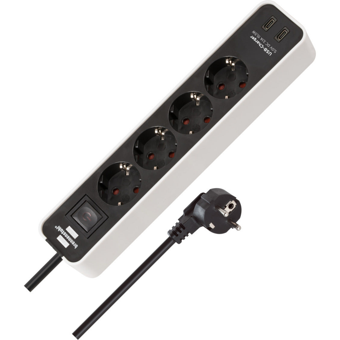 Brennerstuhl ecolor 4-vejs strømskinne med 2 USB-opladningsporte (flere strømskinne USB-C med switch og 1,5 m kabel)