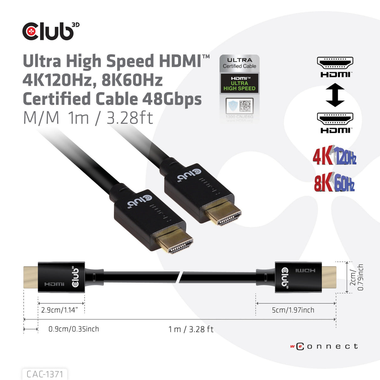 Club 3D ultra højhastigheds HDMI-kabel (sort, 1 meter, 4K 120Hz, 8K 60Hz, 48Gbps)