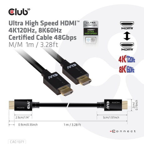 Club 3D ultra højhastigheds HDMI-kabel (sort, 1 meter, 4K 120Hz, 8K 60Hz, 48Gbps)