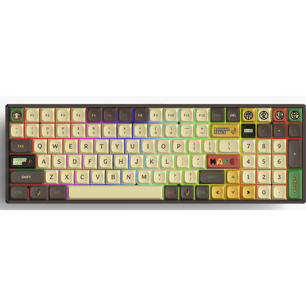 Iqunix f97 happy ape trådløst mekanisk tastatur (brunt, us-layout (qwerty), cherry mx red, 96%, rgb-lysdioder, hot-swappable, pbt, 2.4ghz | bluetooth 5.1 | usb-c)