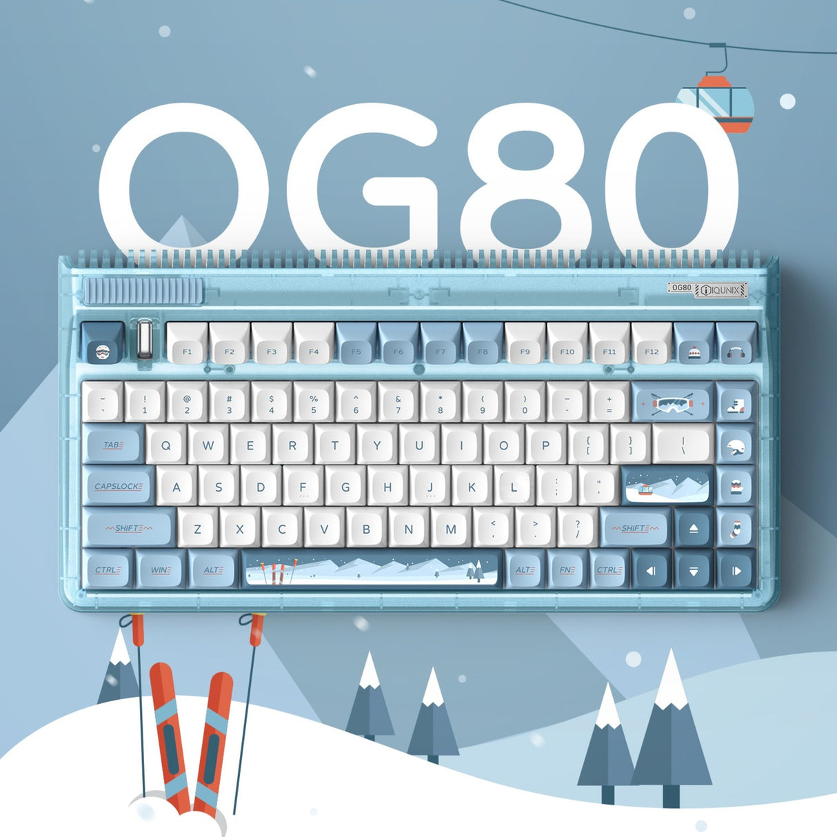 Iqunix OG80 wintertide trådløst mekanisk tastatur (lyseblåt, amerikansk layout (QWERTY), Iqunix Moonstone Turbo, 80% (TKL), RGB LED'er, hot-swappable, PBT, 2.4GHz | Bluetooth 5.1 | USB-C)
