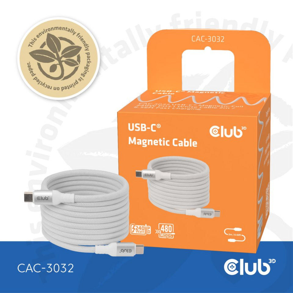 Club 3D USB-C magnetisk spole 240W PD3.1 hvidt kabel, 2 meter kabel (hvid)