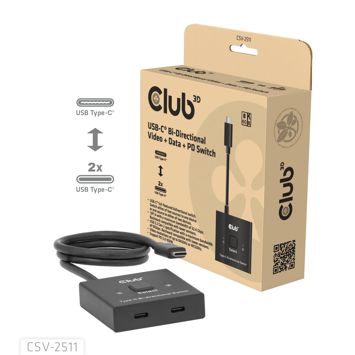 Club 3D USB-C tovejs video + data + PD switch USB switch (sort)