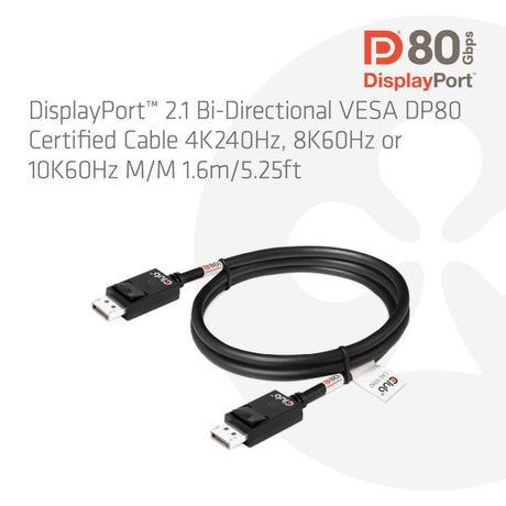 Club 3D DisplayPort 2.1 Vesa DP80 certificeret kabel han-han (sort, 1,6 meter, 8K 240Hz, 10K 60Hz, 80Gbps)