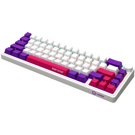 Lorgar kbp70mw rgb mekanisk gaming-tastatur (hvid, us-layout (qwerty), logar giftig lilla, 65%, rgb, hot-swappable, pbt double-shot, bluetooth | 2,4ghz | usb)