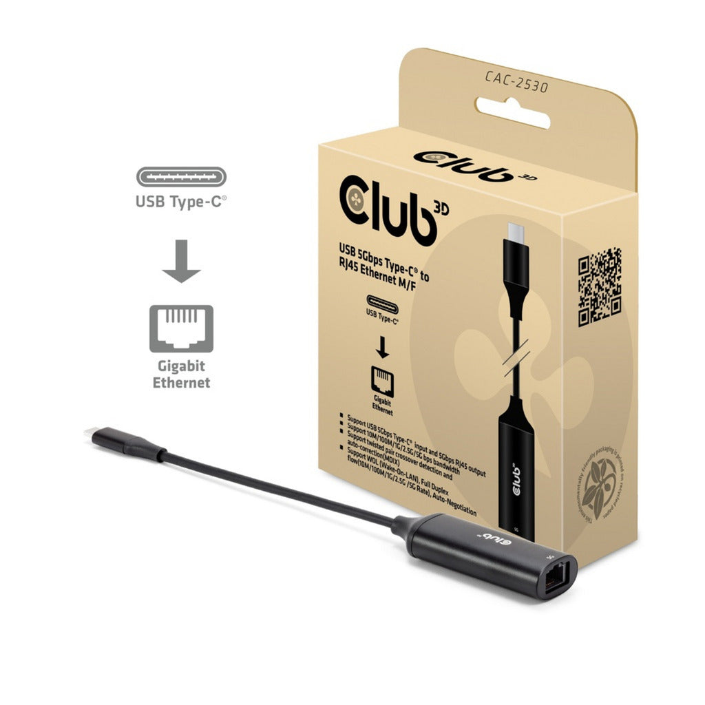 Club 3D USB-C til RJ45 5 Gbps Ethernet MF-adapter (sort)
