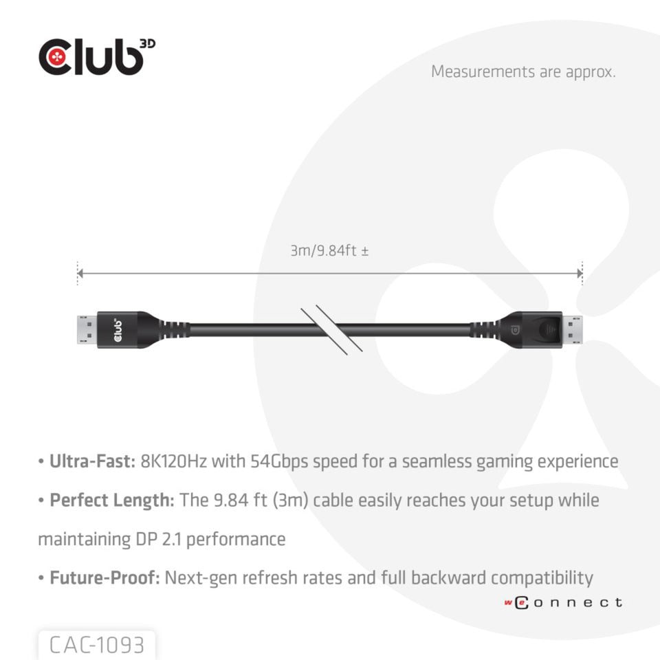 Club 3D DisplayPort 2.1 Vesa DP54 certificeret kabel han-han (sort, 3 meter, 4K 240Hz, 8K 120Hz, 54Gbps)