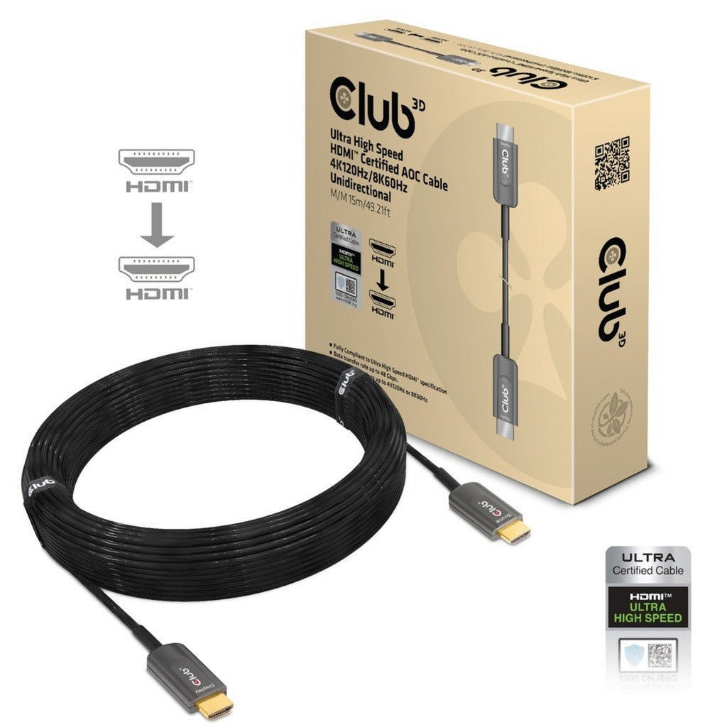 Club 3d ultra high speed aoc hdmi 2.1 gecertificeerde unidirectioneel kabel male-male (zwart, 15 meter, 4k 120hz, 8k 60hz, 48 gbps)
