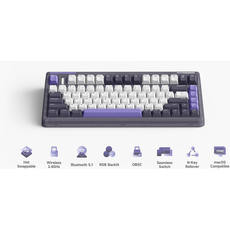 Iqunix og80 lavandin trådløst mekanisk tastatur (lavendel, us-layout (qwerty), cherry mx red, 80% (tkl), hot-swappable, pbt, 2.4ghz | bluetooth 5.1 | usb-c)