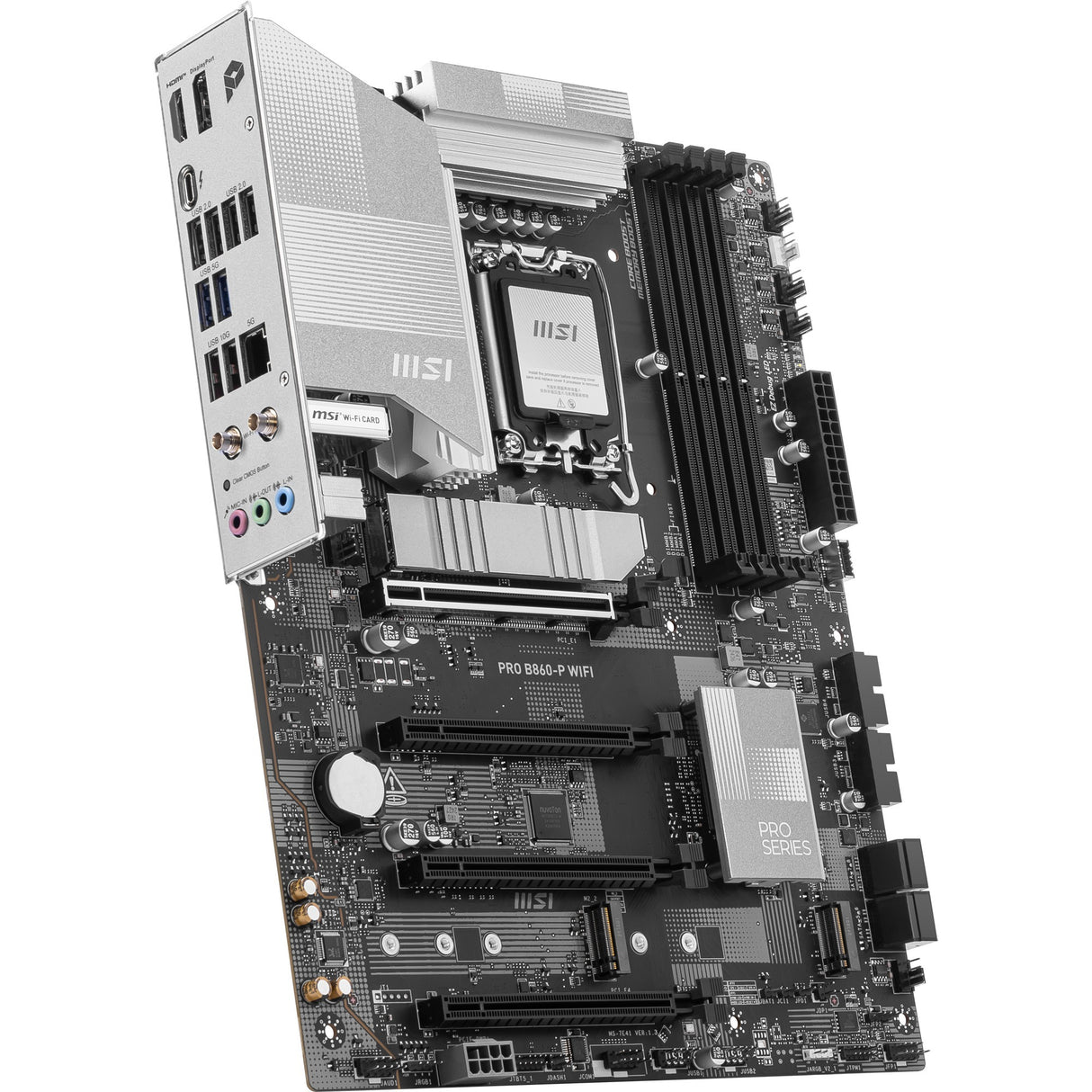 MSI Pro B860-P WiFi Socket 1851 bundkort (sølv, RAID, 5GB-LAN, WiFi 7, BT, lyd, ATX)