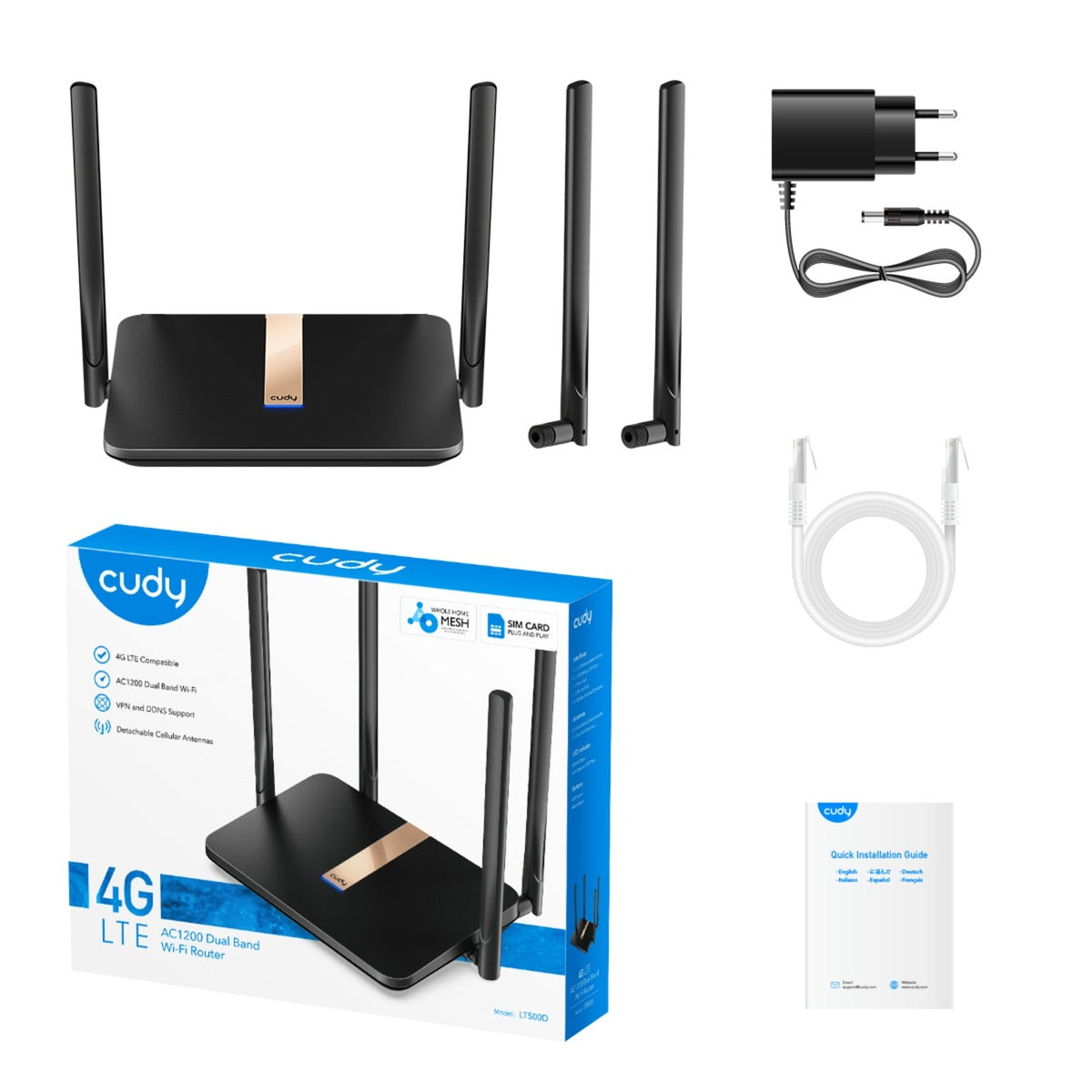 Cudy AC1200 Wi-Fi Mesh 4G LTE Cat4 Mesh-router (sort, mesh, app, Nano SIM-slot)