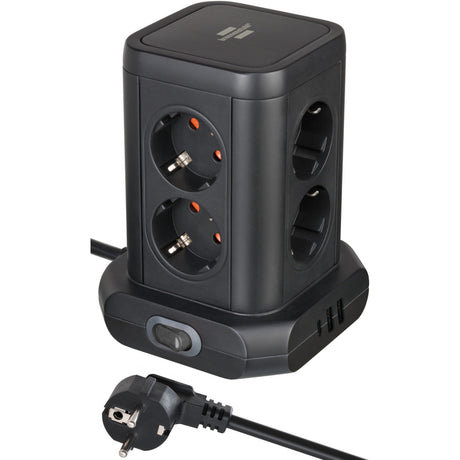 Brennerstuhl strømskinne tårn med 8 stikdåser i 45° arrangement stikskinne (sort, 2x USB-A, 1x USB-C strømforsyning)