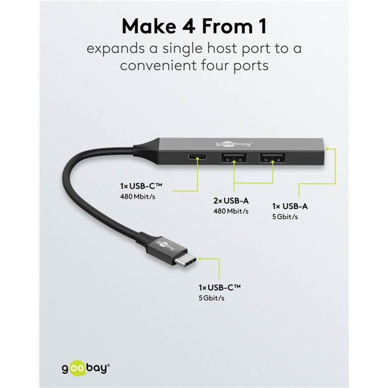 Goobay slim USB-hub med 4 porte, USB-C til USB-C USB-A, 5 Gbit s (lysegrå)