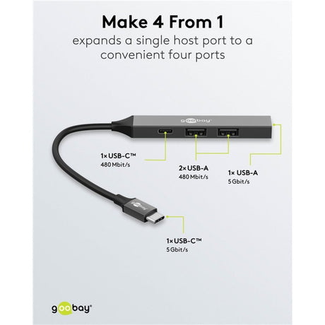 Goobay slim USB-hub med 4 porte, USB-C til USB-C USB-A, 5 Gbit s (lysegrå)