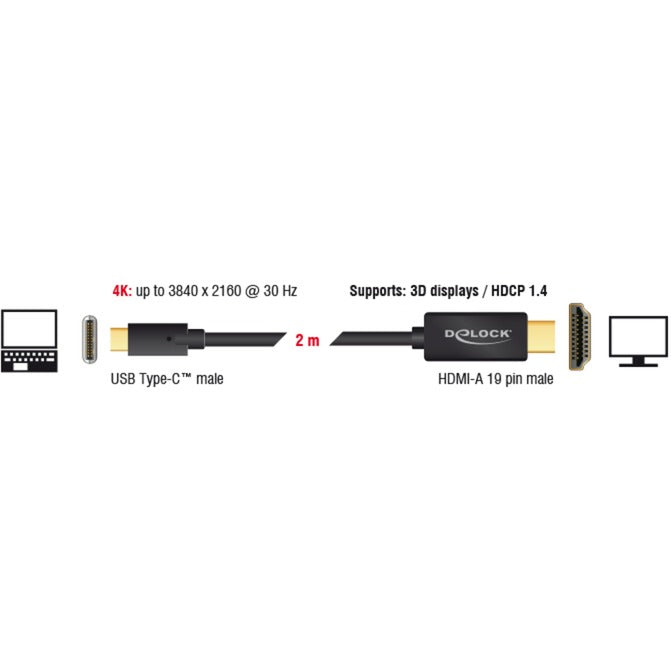 Delock USB-C (han) > HDMI (han) (DP Alt-tilstand) kabel (sort, 2 meter, 4K 30 Hz)