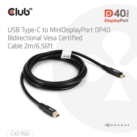 Club 3D USB-C til Mini DisplayPort DP40 tovejsadapter (sort, 2 meter, Vesa-certificeret)