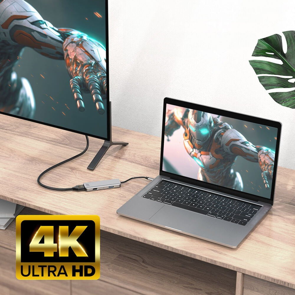 Akt-tilslutning USB-C 4K multiport-adapter til 2 HDMI-skærme, USB-A-dataport (aluminium)