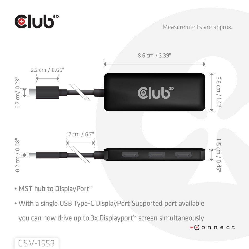 Club 3D USB-C til Triple DisplayPort MST Hub (sort, 4K60Hz)