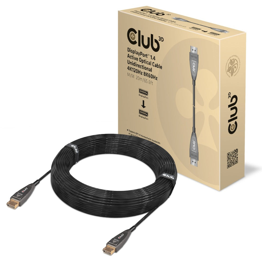 Club 3d displayport 1.4 aktivt optisk ensrettet kabel (sort, 20 meter, 4k 120hz, 8k 60hz)