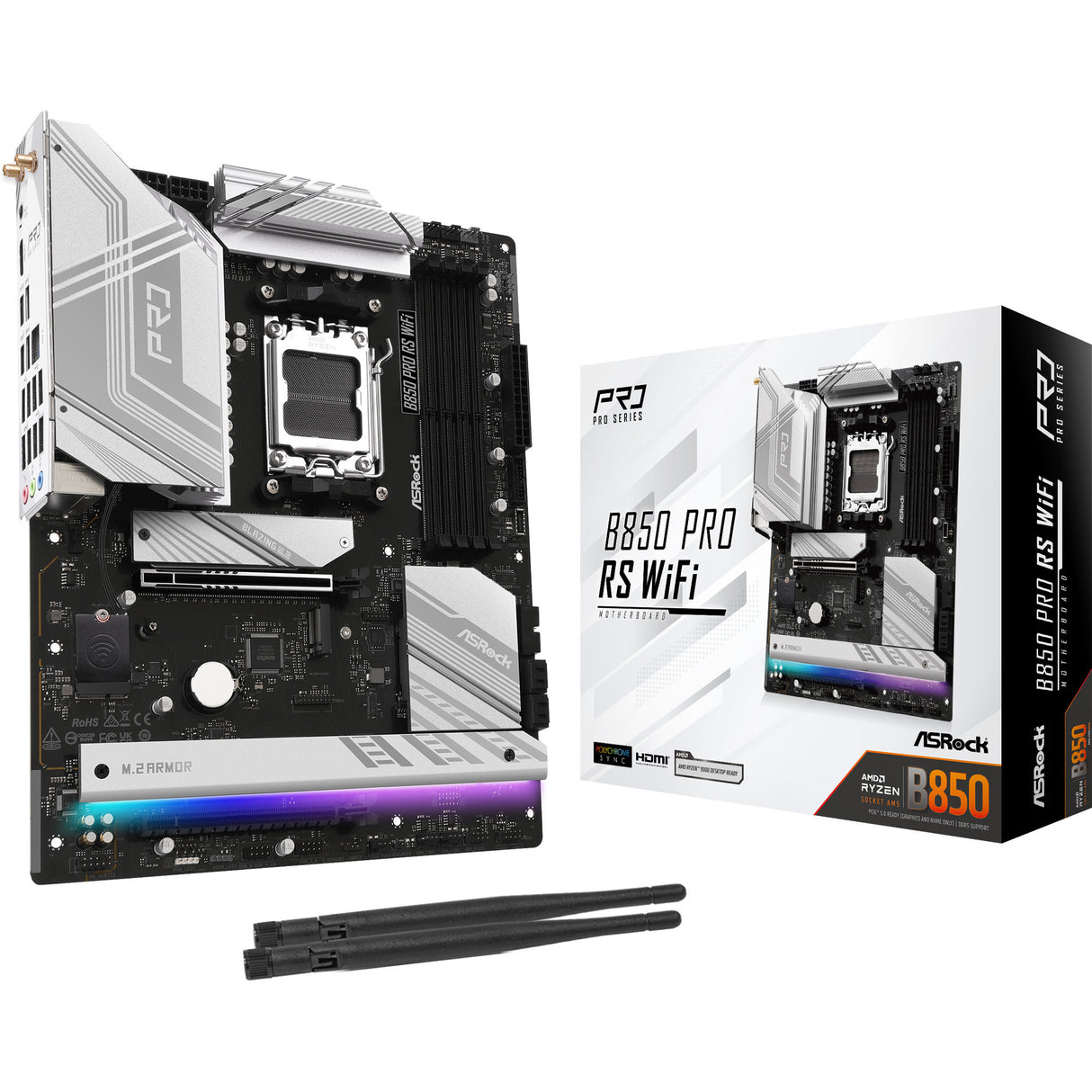 Asrock B850 Pro RS WiFi Socket AM5 bundkort (RAID, 2,5 GB-LAN, WLAN, BT, Lyd, ATX)