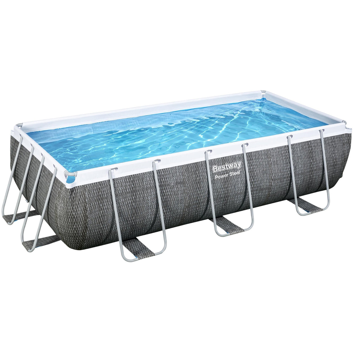 Bestway swimmingpool power stålsæt rektangel rattan 404 (grå, inkl. filterpumpe (220-240v) + stige)