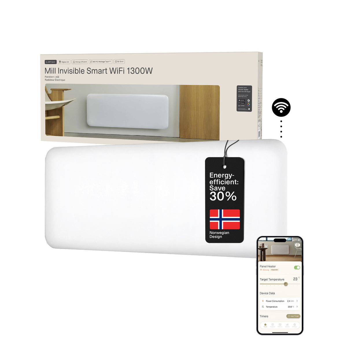 Møllestål wifi panelvarmer pa1300wifi4, 1300 watt konvektor (hvid, wifi 2,4 ghz (wifi 6), bluetooth 5.2, zigbee 3.0 + app)