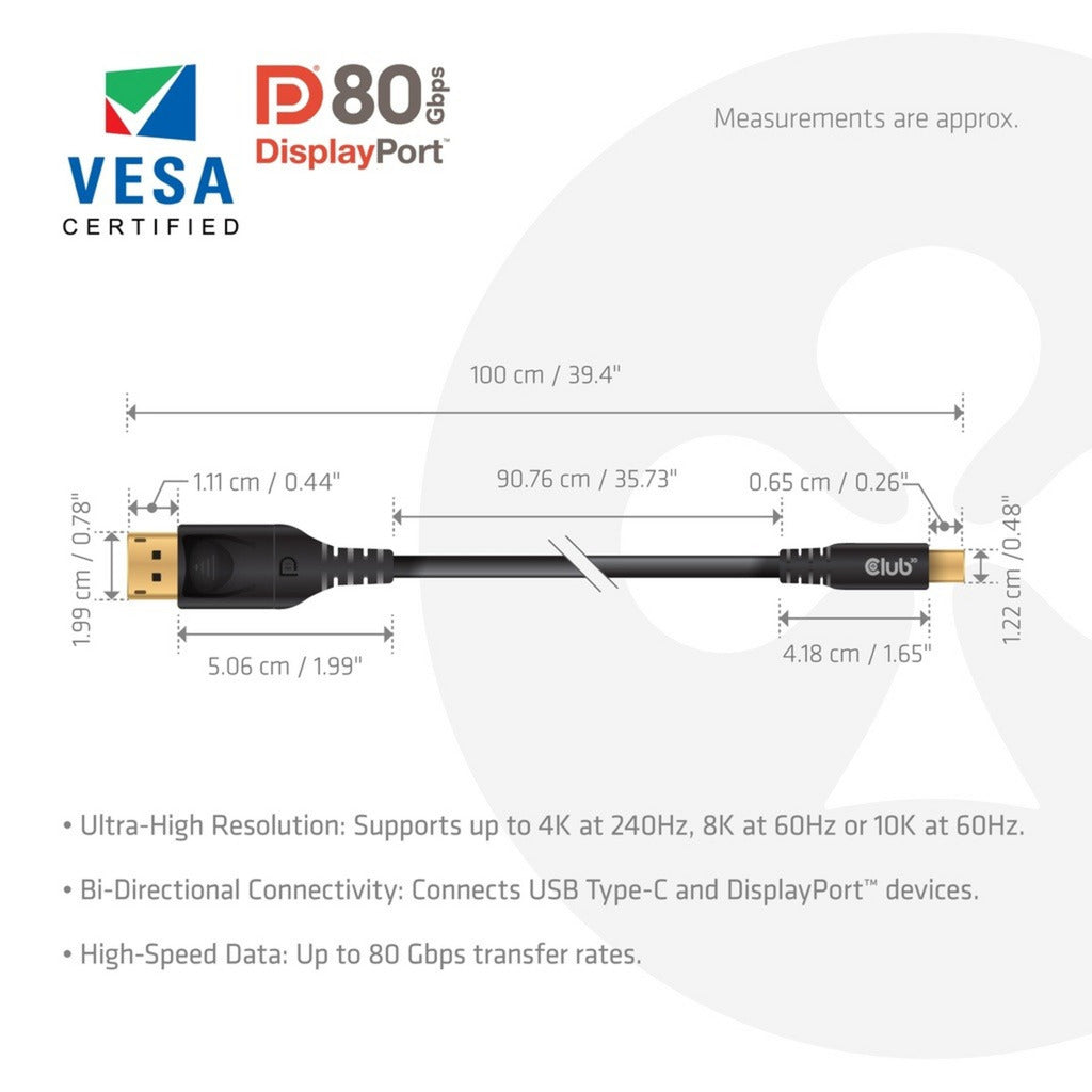 Club 3D USB-C til DisplayPort DP80 tovejsadapter (sort, 1 meter, VESA-certificeret)