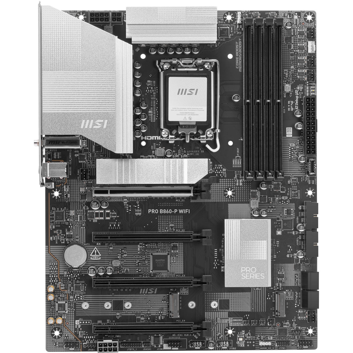 MSI Pro B860-P WiFi Socket 1851 bundkort (sølv, RAID, 5GB-LAN, WiFi 7, BT, lyd, ATX)