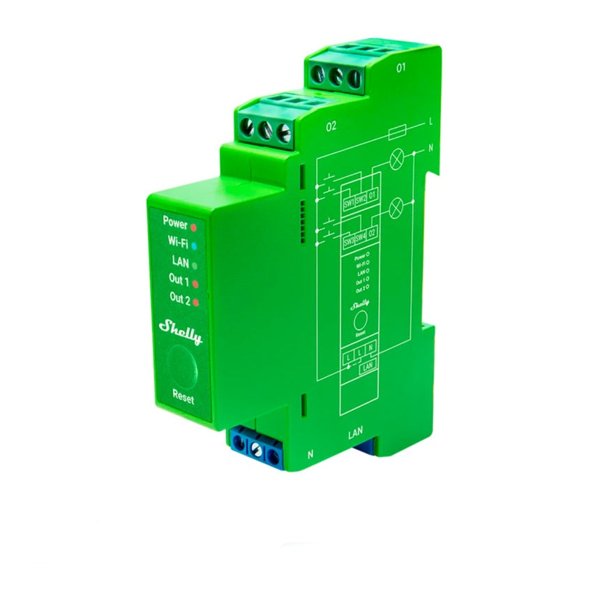 Shelly pro dimmer 14:00 relæ (grøn, 2-kanals, WiFi, LAN, Bluetooth)